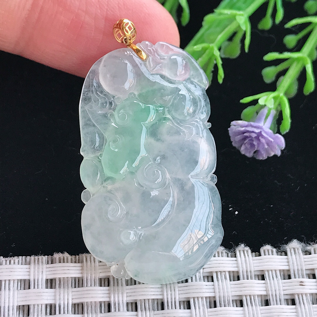 实拍A货翡翠38.3/22.2/5.6老坑18k金镶嵌冰种飘绿如意吊坠翡翠挂件