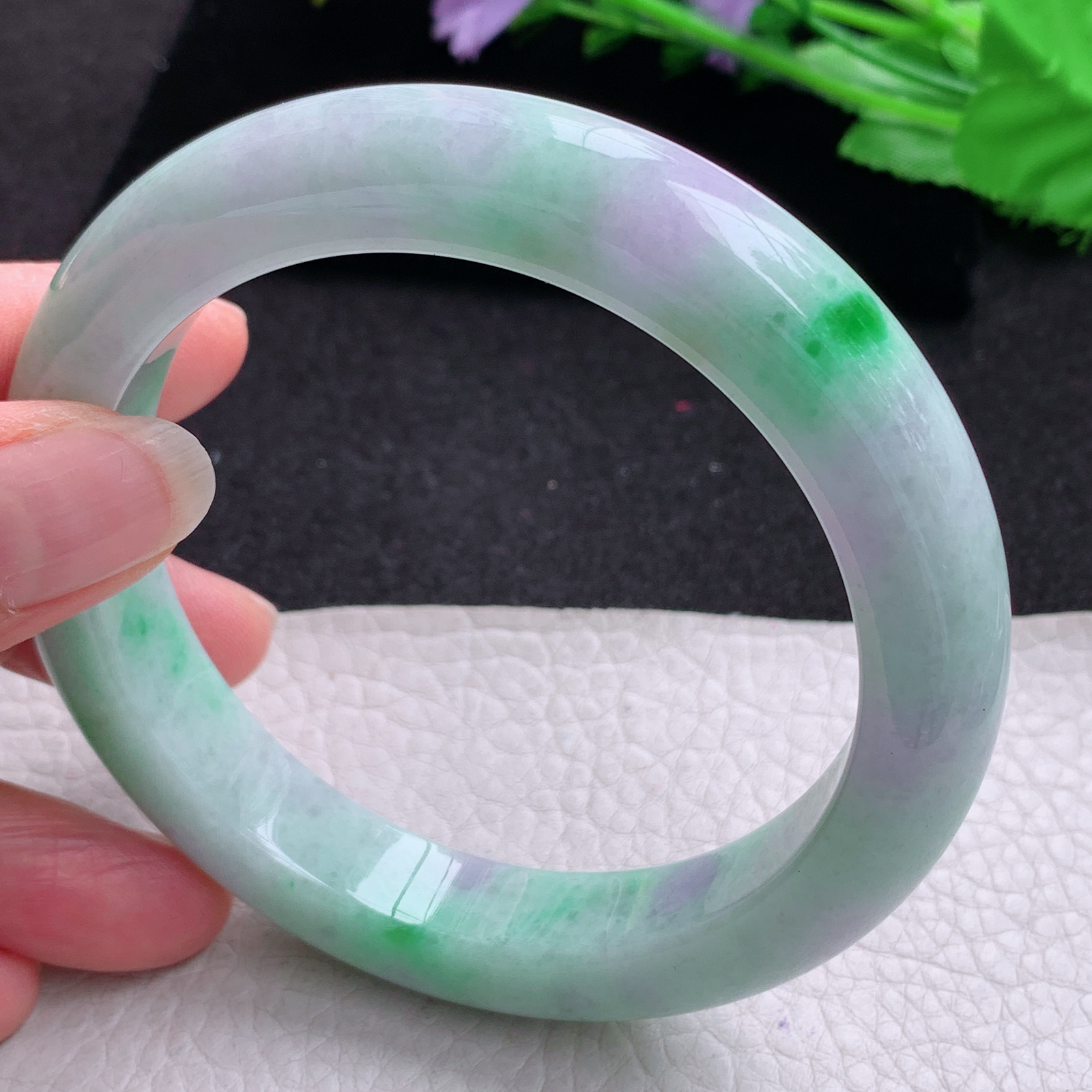 ay大圈口63.5*12.8*10.5梦幻镯 天然缅甸翡翠A货玉手镯春带彩宽边玉手环