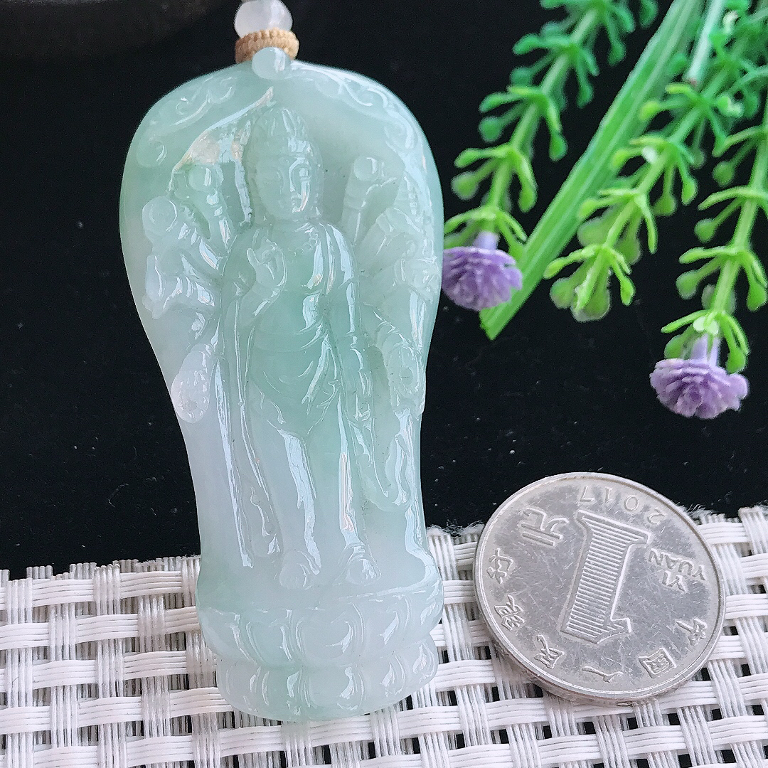 实拍A货翡翠62.5/31/5.5老坑冰胶水灵冰晴千手观音吊坠翡翠挂件