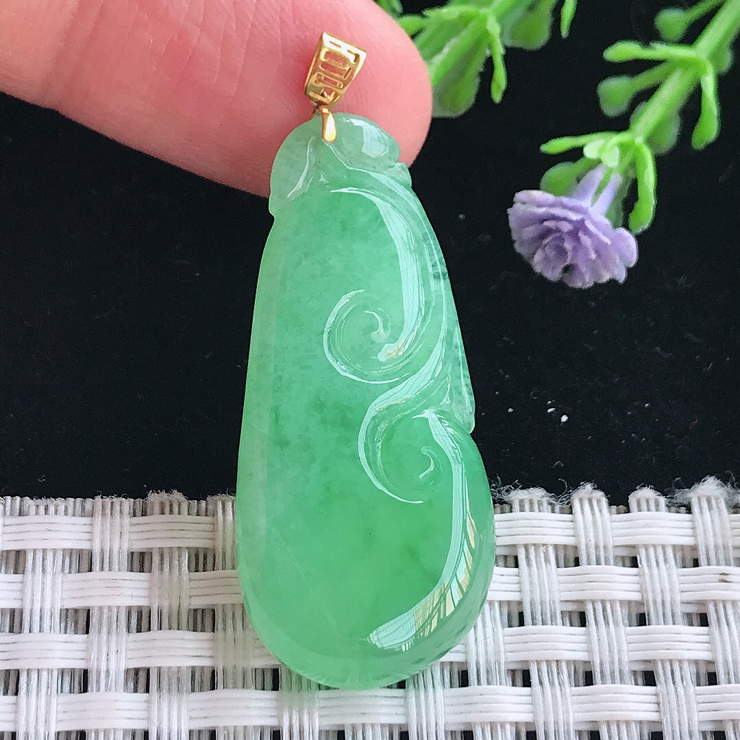 实拍A货翡翠37.6/17.5/5.6老坑18k金镶嵌满绿如意吊坠翡翠挂件