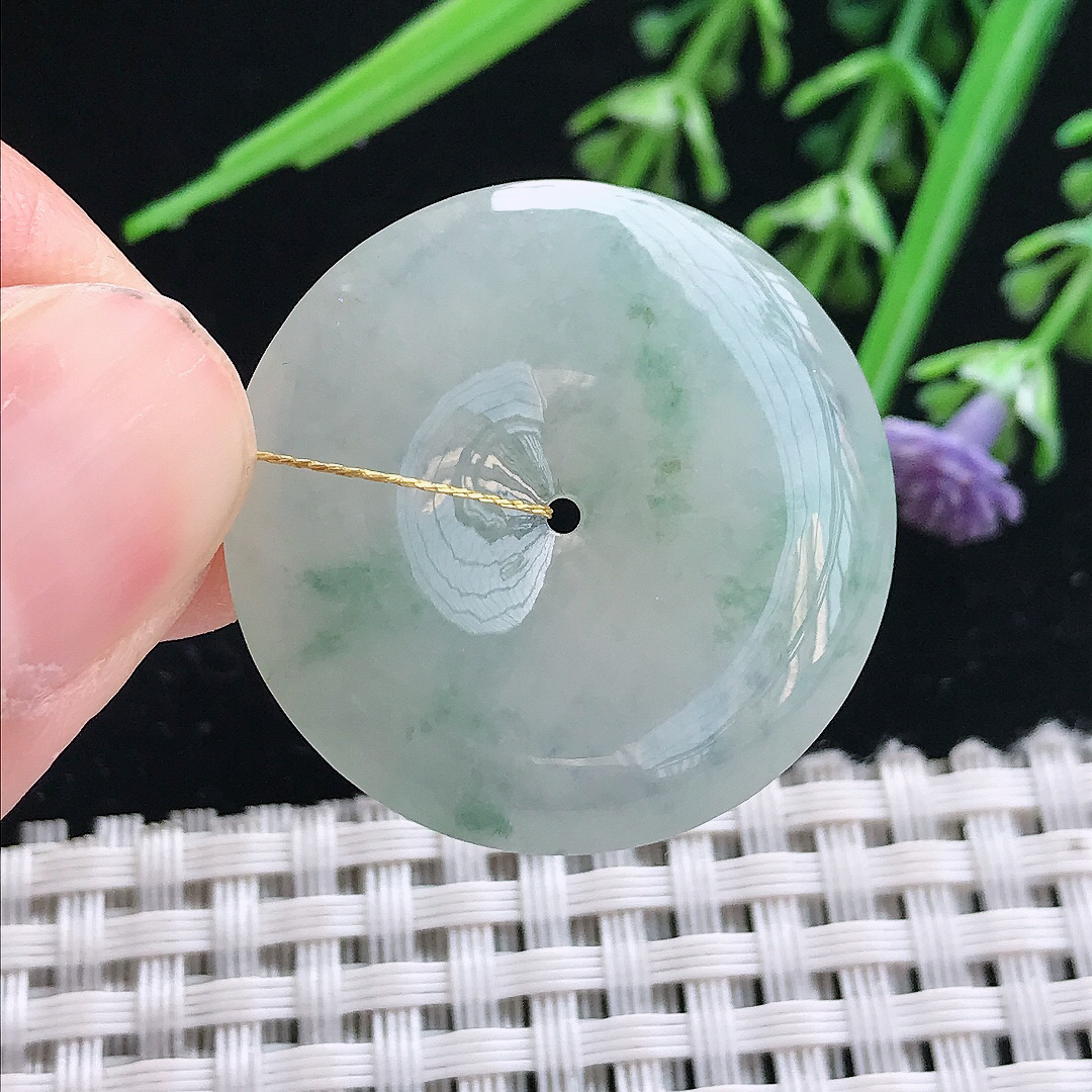 实拍A货翡翠29.5/5.9老坑冰胶飘花平安扣吊坠翡翠玉扣挂件