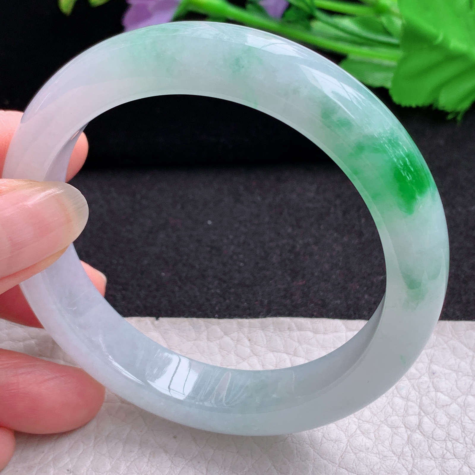 xo实拍58*12.5*8.8平安镯 天然缅甸翡翠A货玉手镯冰润白底青宽边玉手环