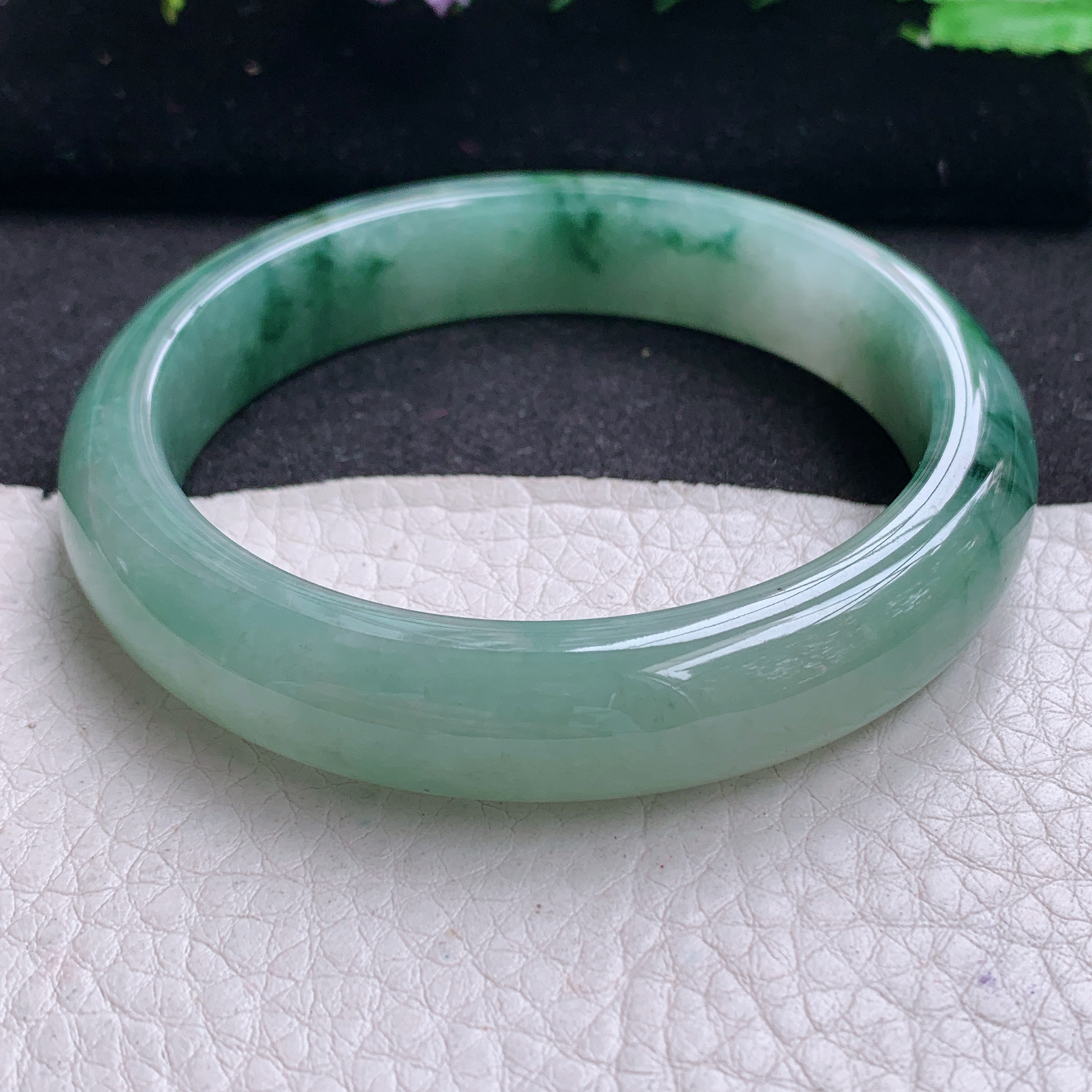 ss实拍57*12*8平安镯 天然缅甸翡翠A货玉手镯胶感飘花宽边玉手环