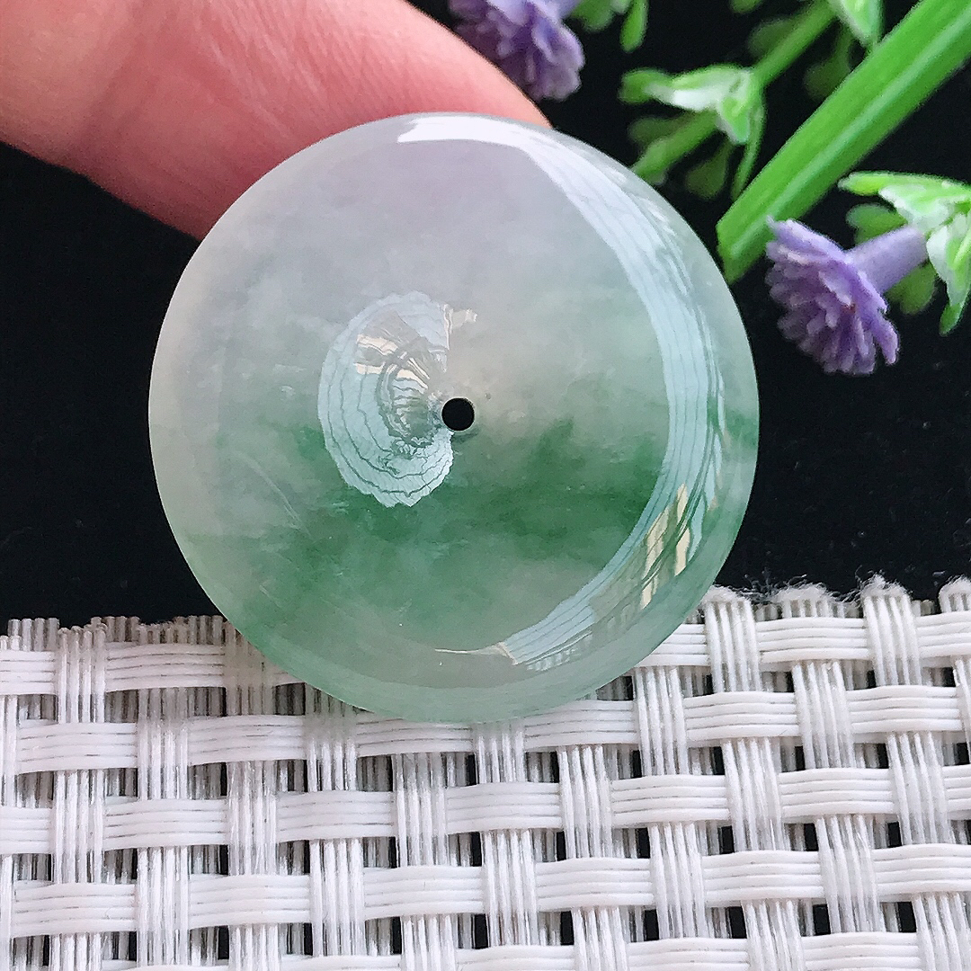 实拍A货翡翠30.6/5.8.老坑冰胶飘花平安扣吊坠翡翠玉扣挂件