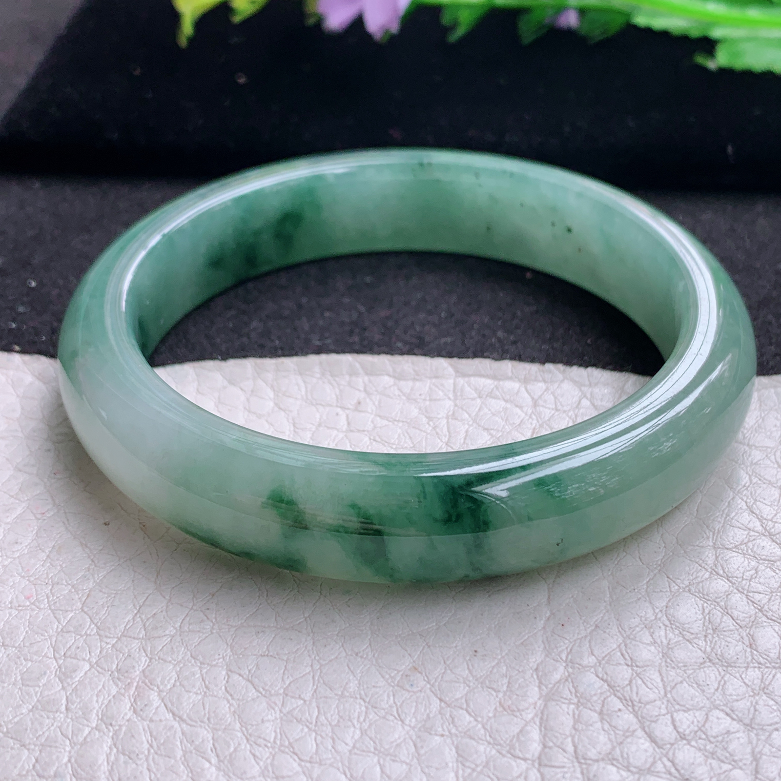 ss实拍57*12*8平安镯 天然缅甸翡翠A货玉手镯胶感飘花宽边玉手环