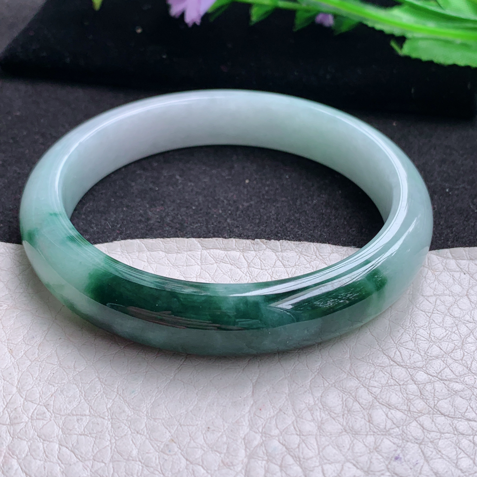 js大圈口60*12*7.8招财镯 天然缅甸翡翠A货玉手镯飘花半山半水宽边玉手环