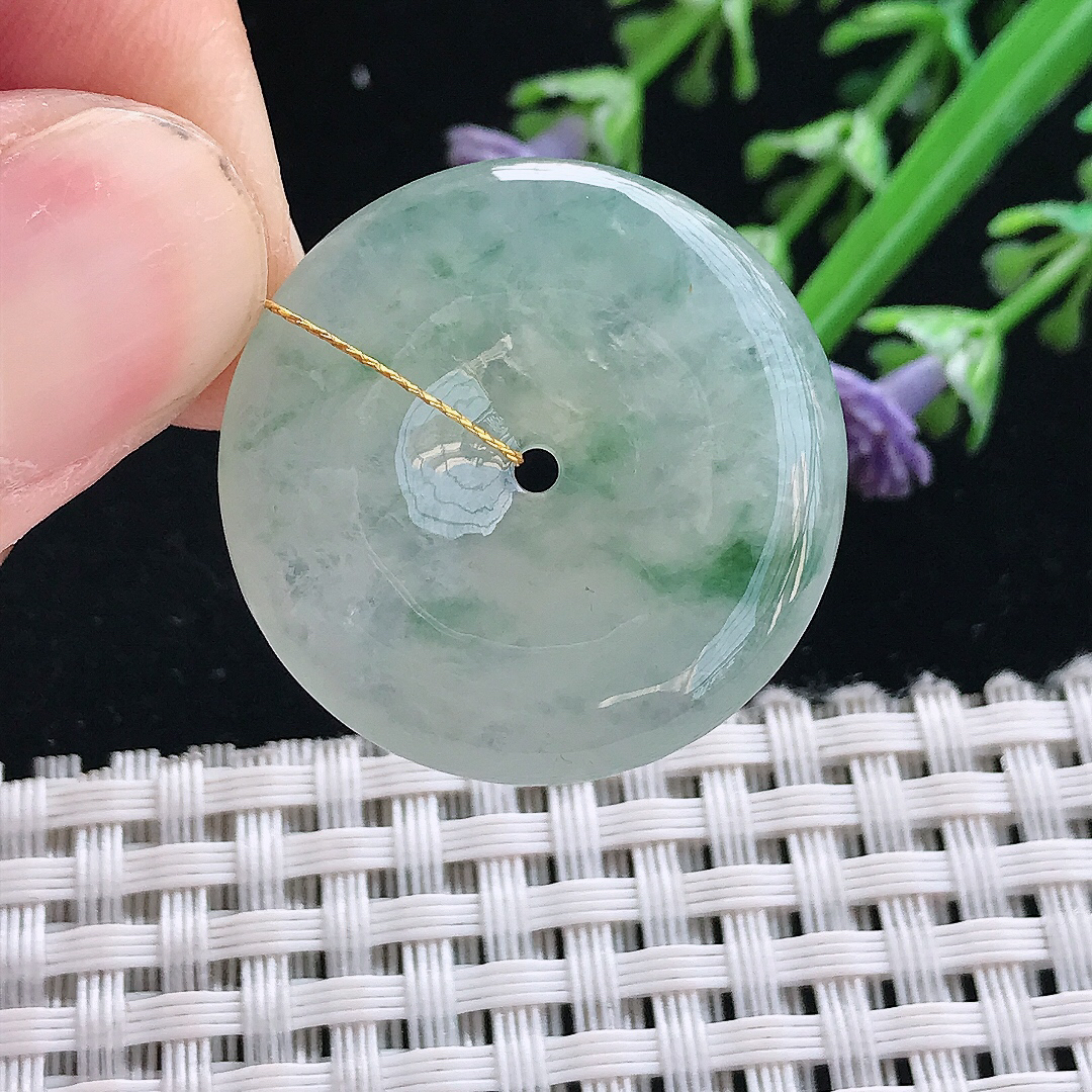 实拍A货翡翠28.2/5.6老坑冰透起胶飘花平安扣吊坠翡翠挂件