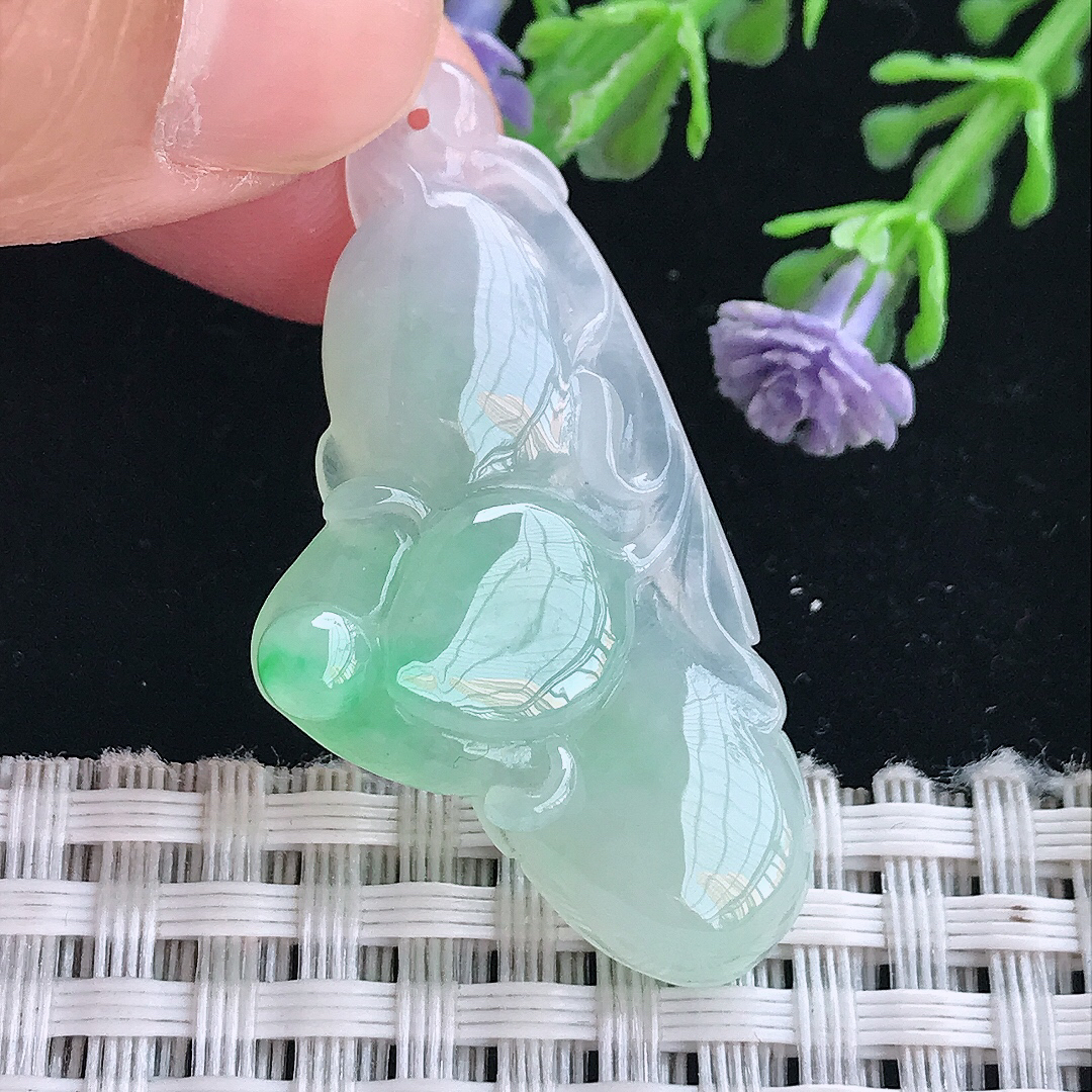 实拍A货翡翠40.3/20.3/6.2老坑冰胶果冻飘绿玉兰花吊坠翡翠挂件