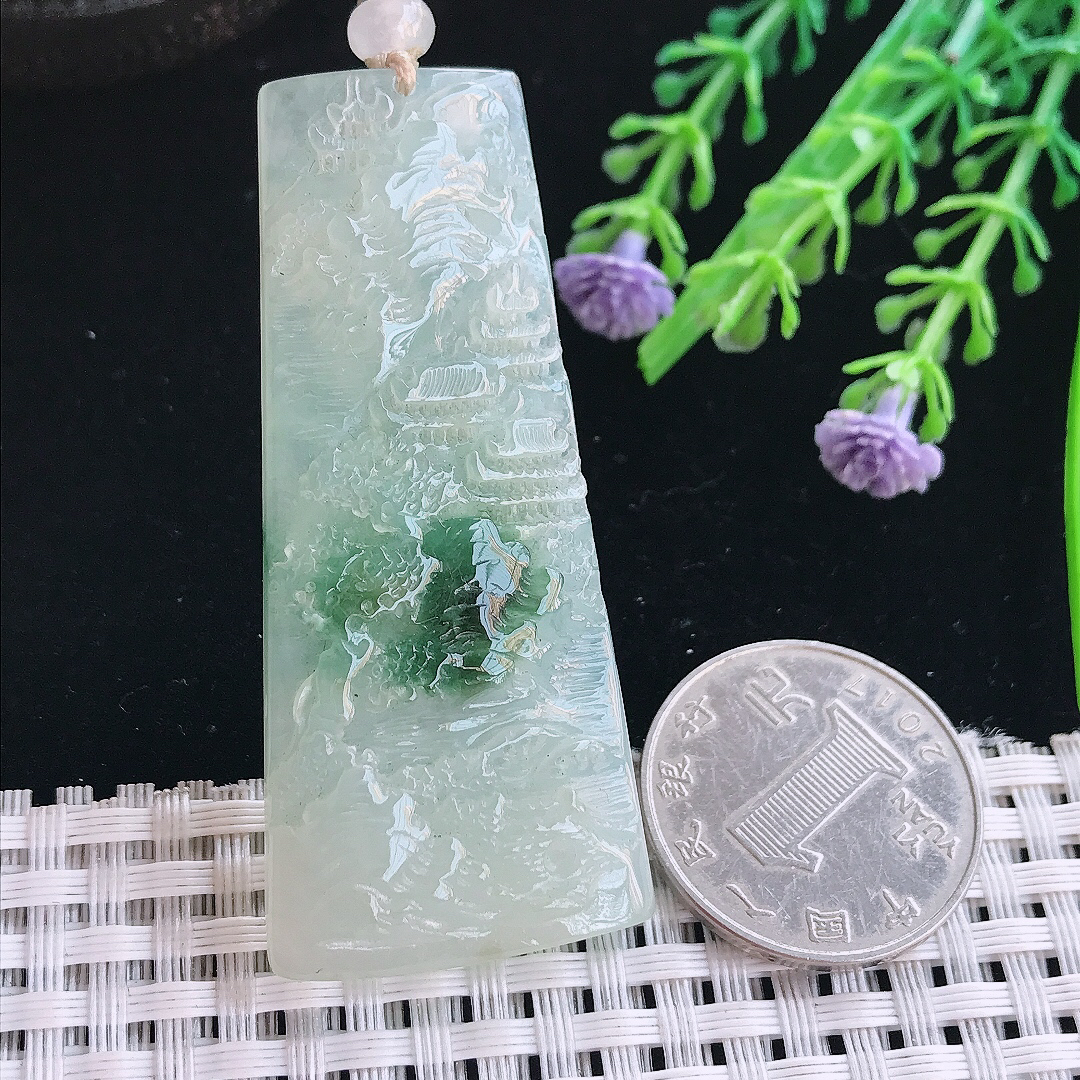 实拍A货翡翠59/26/6老坑冰胶飘花山水牌吊坠翡翠挂件