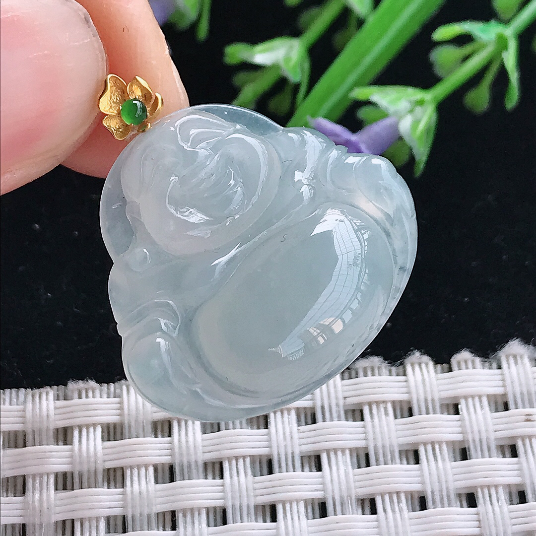 实拍A货翡翠24.2/27/6老坑18k金镶嵌冰胶佛公吊坠翡翠玉佛挂件