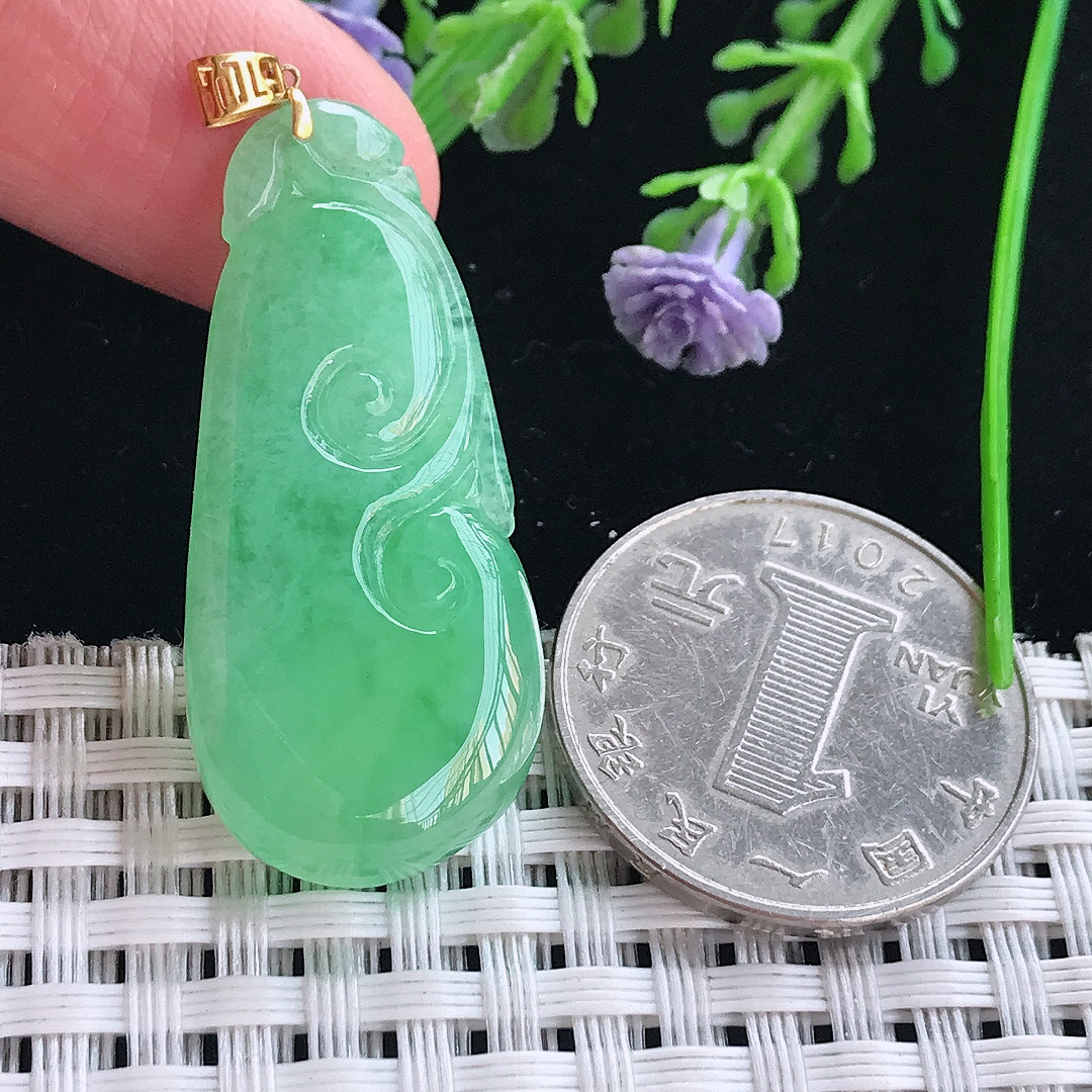 实拍A货翡翠37.6/17.5/5.6老坑18k金镶嵌满绿如意吊坠翡翠挂件