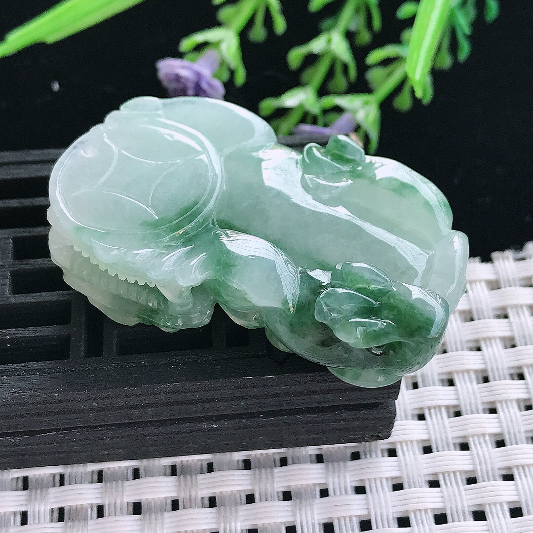 实拍A货翡翠44.5/24.8/12.8老坑冰润起胶冰飘花霸王貔貅吊坠翡翠挂件