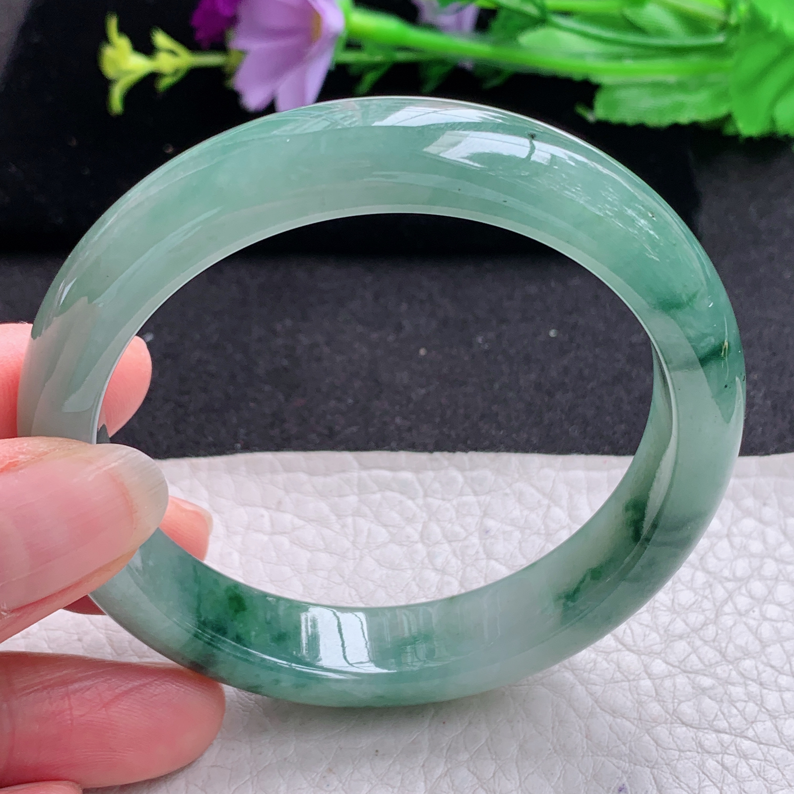 ss实拍57*12*8平安镯 天然缅甸翡翠A货玉手镯胶感飘花宽边玉手环