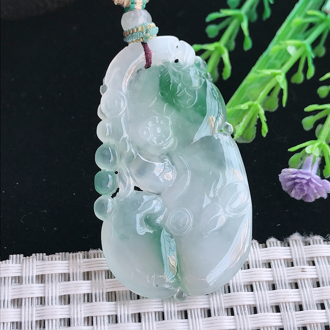 实拍A货翡翠45/28/5.2老坑冰胶果冻冰飘花如意吊坠翡翠挂件