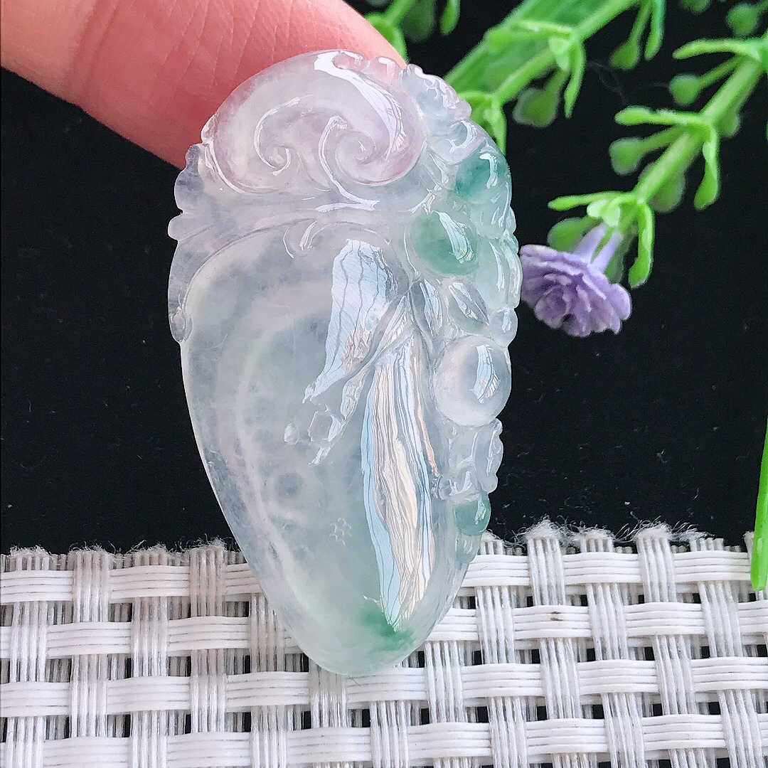 实拍A货翡翠43.3/24.6/5.8老坑冰种冰飘花福瓜吊坠翡翠挂件