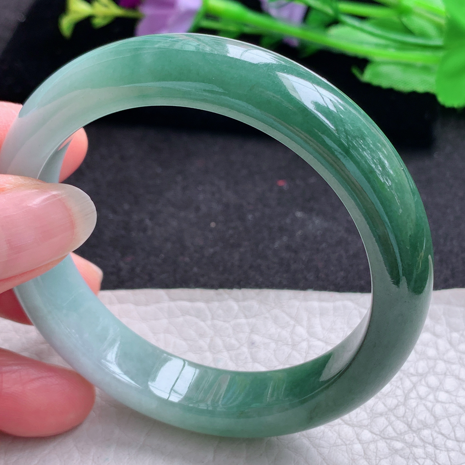 js实拍54*12*8.3招财镯 天然缅甸翡翠A货玉手镯胶感半山半水宽边玉手环
