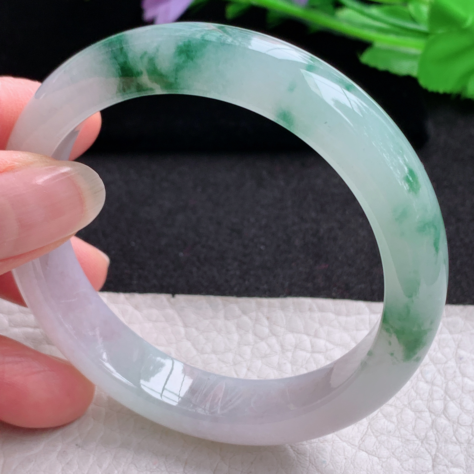 xo实拍56*12.5*8.3平安镯 天然缅甸翡翠A货玉手镯冰飘花宽边玉手环