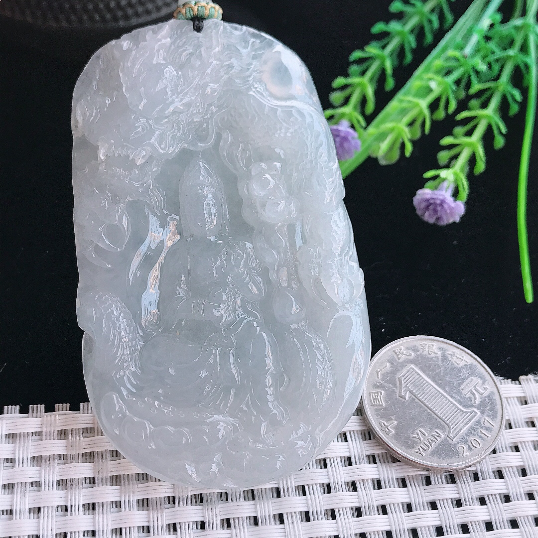 实拍A货翡翠75.5/46.8/11老坑冰胶水灵御龙观音吊坠翡翠挂件