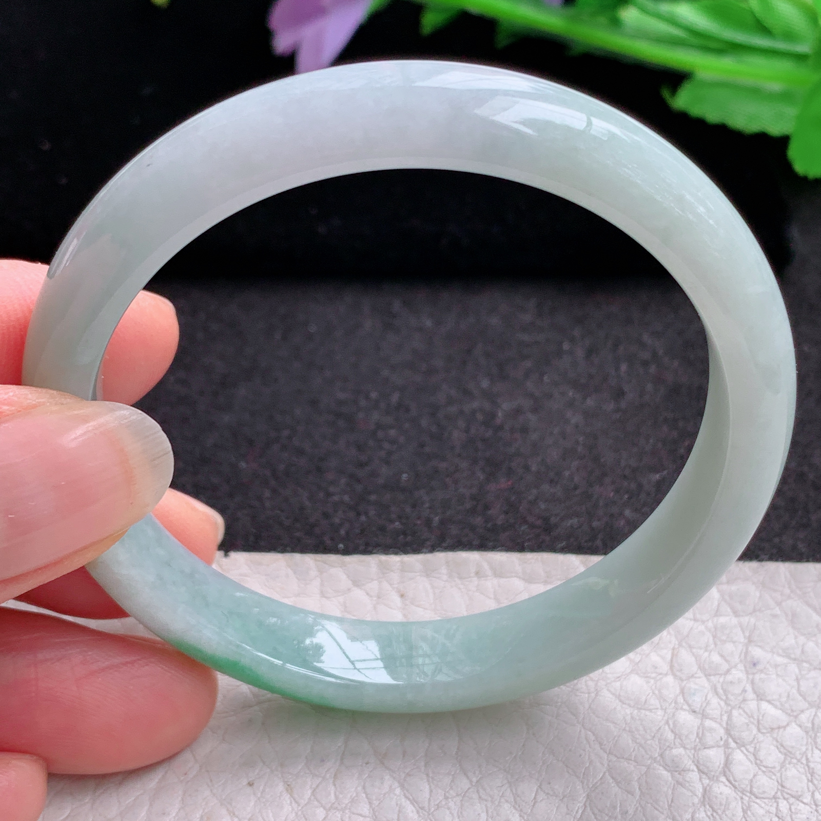 pp小圈口53*10*6.4平安镯 天然缅甸翡翠A货玉手镯秀气三彩宽边玉手环