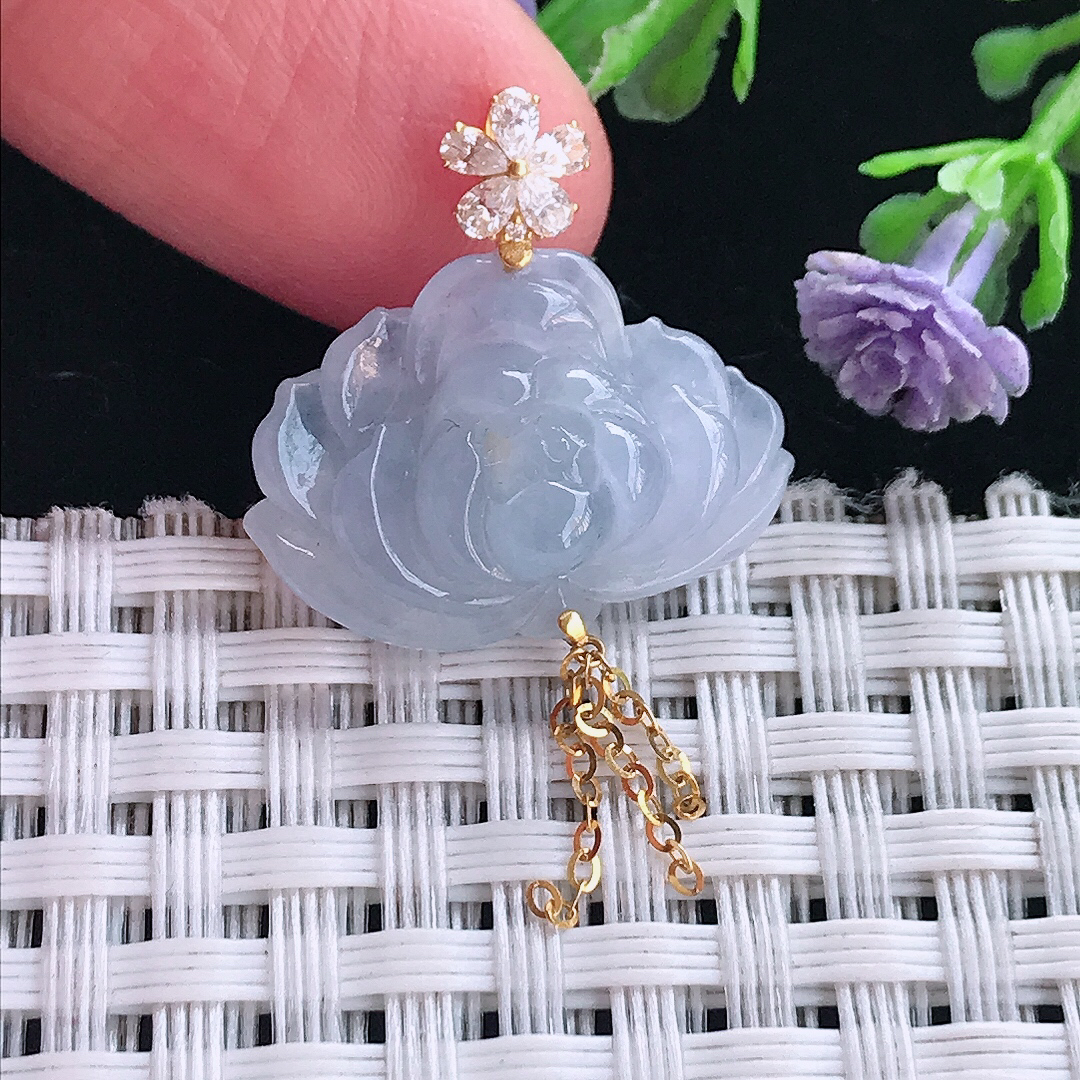 实拍A货翡翠21.7/15/8老坑18k金镶嵌冰润紫罗兰莲花吊坠翡翠挂件