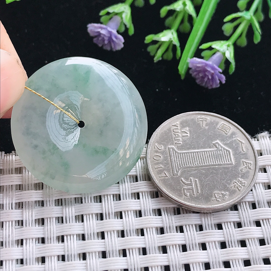 实拍A货翡翠29.5/5.9老坑冰胶飘花平安扣吊坠翡翠玉扣挂件