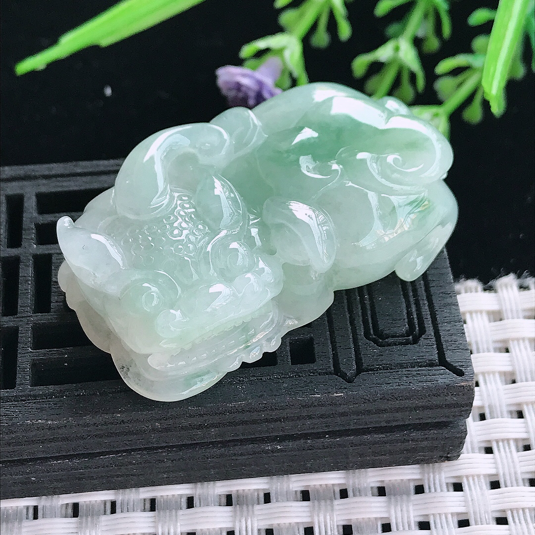 实拍A货翡翠41.8/25/13老坑冰润水灵飘花霸王貔貅吊坠翡翠挂件