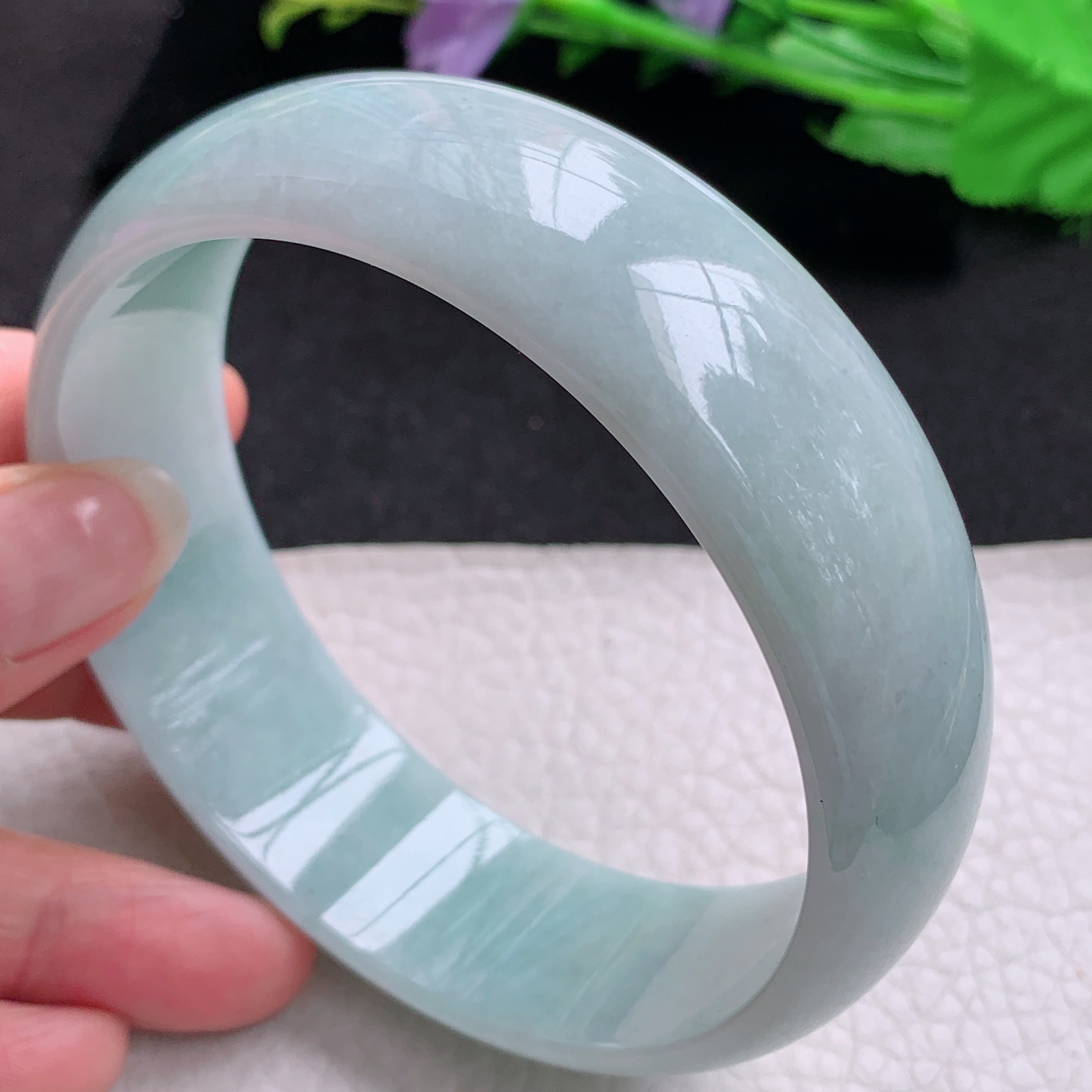 js大圈口70*22*7轮胎镯 天然缅甸翡翠A货胶感蓝韵大气宽边玉手环
