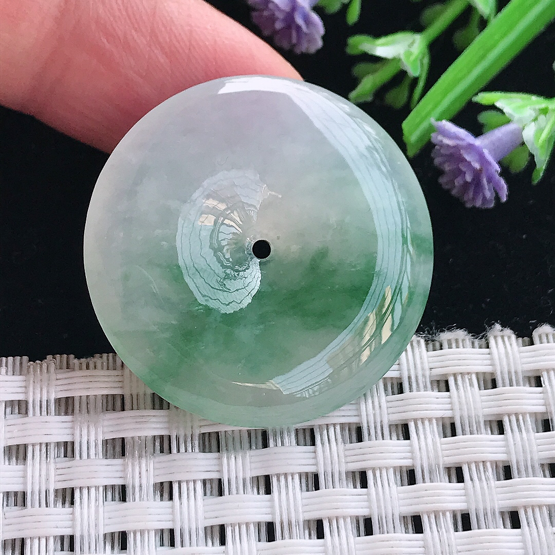 实拍A货翡翠30.6/5.8.老坑冰胶飘花平安扣吊坠翡翠玉扣挂件