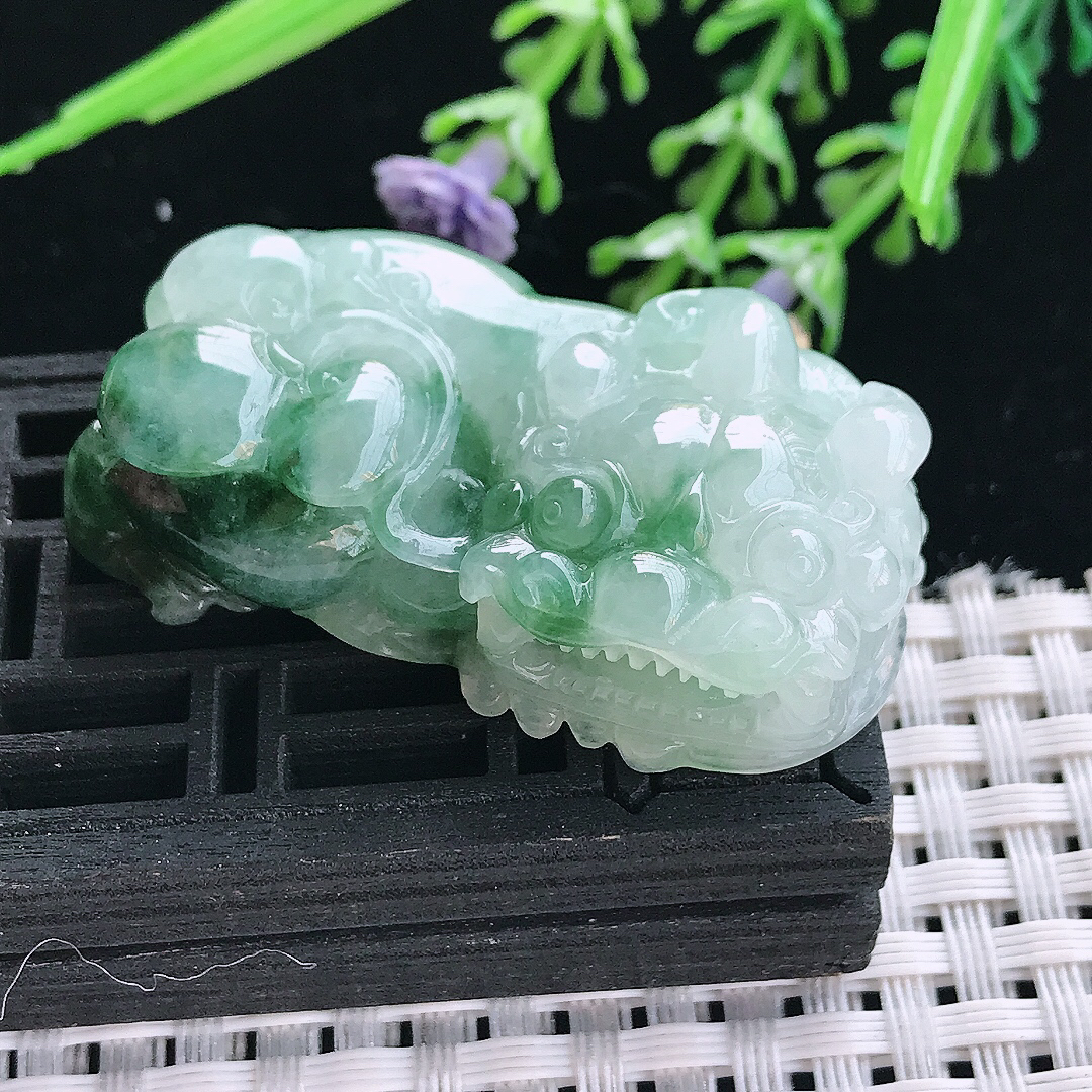 实拍A货翡翠44.5/24.8/12.8老坑冰润起胶冰飘花霸王貔貅吊坠翡翠挂件