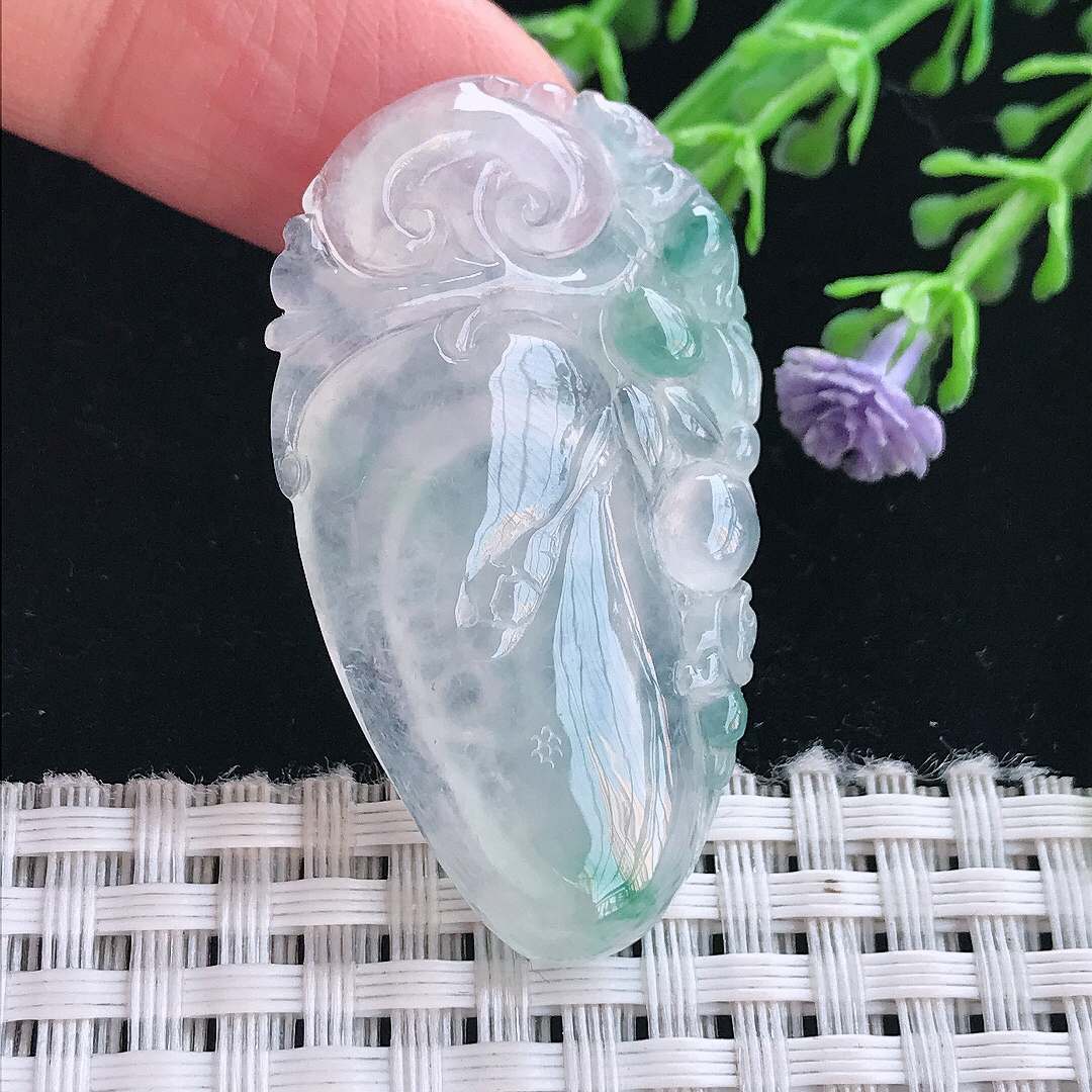 实拍A货翡翠43.3/24.6/5.8老坑冰种冰飘花福瓜吊坠翡翠挂件