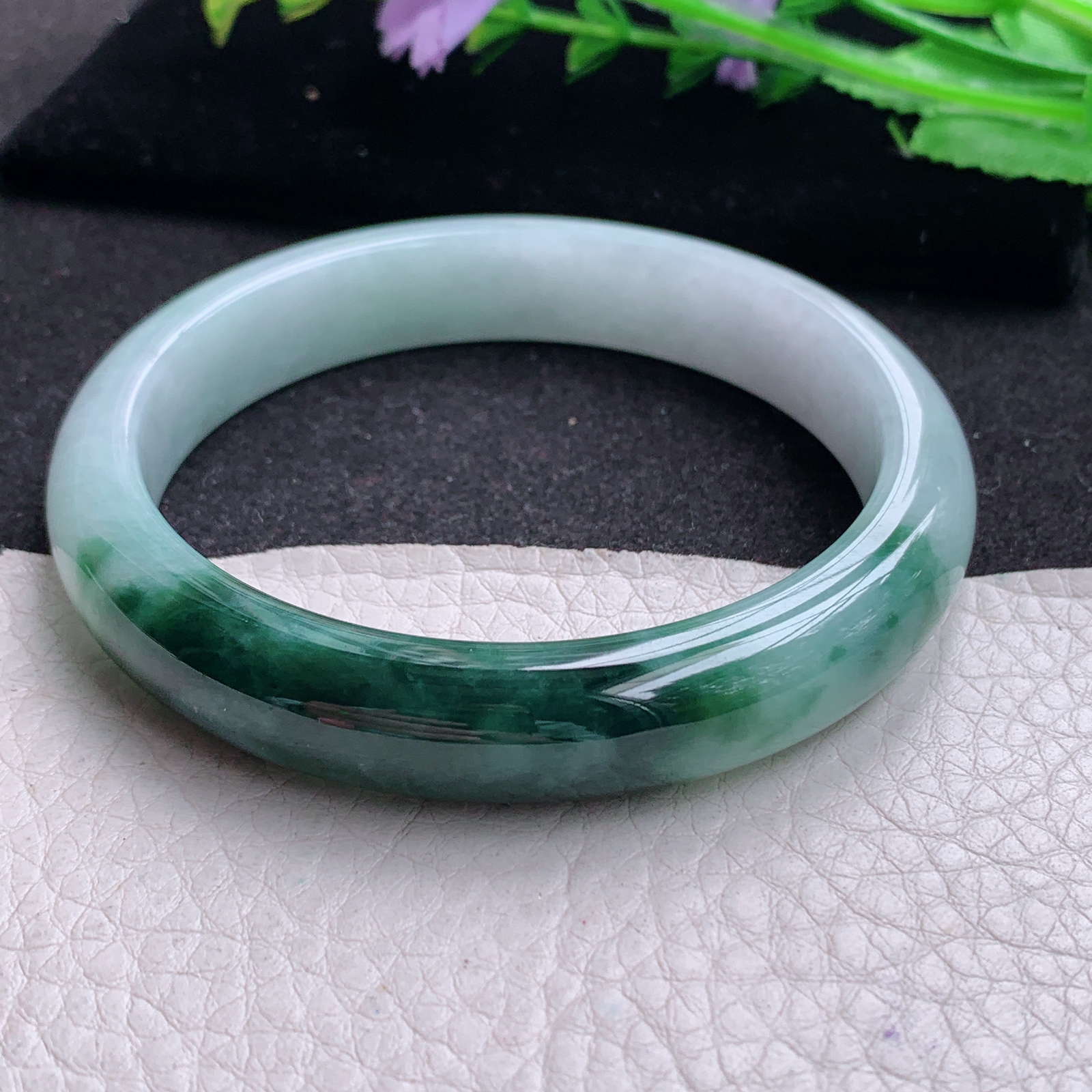 js大圈口60*12*7.8招财镯 天然缅甸翡翠A货玉手镯飘花半山半水宽边玉手环