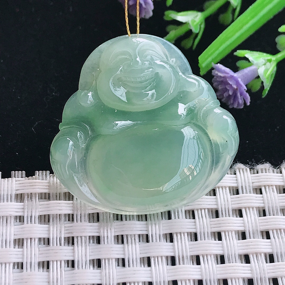 实拍A货翡翠31/32.8/5.5老坑冰润果冻胶冰晴绿佛公吊坠翡翠挂件