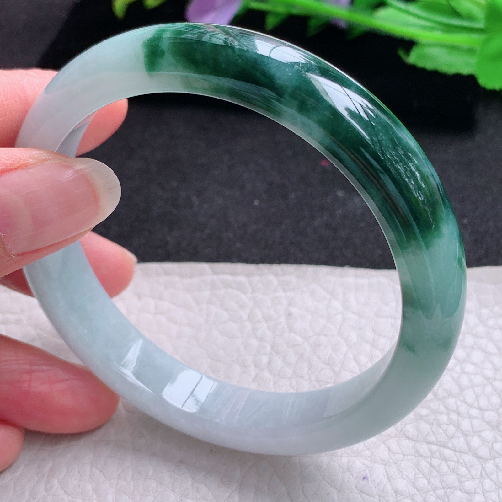 js大圈口60*12*7.8招财镯 天然缅甸翡翠A货玉手镯飘花半山半水宽边玉手环