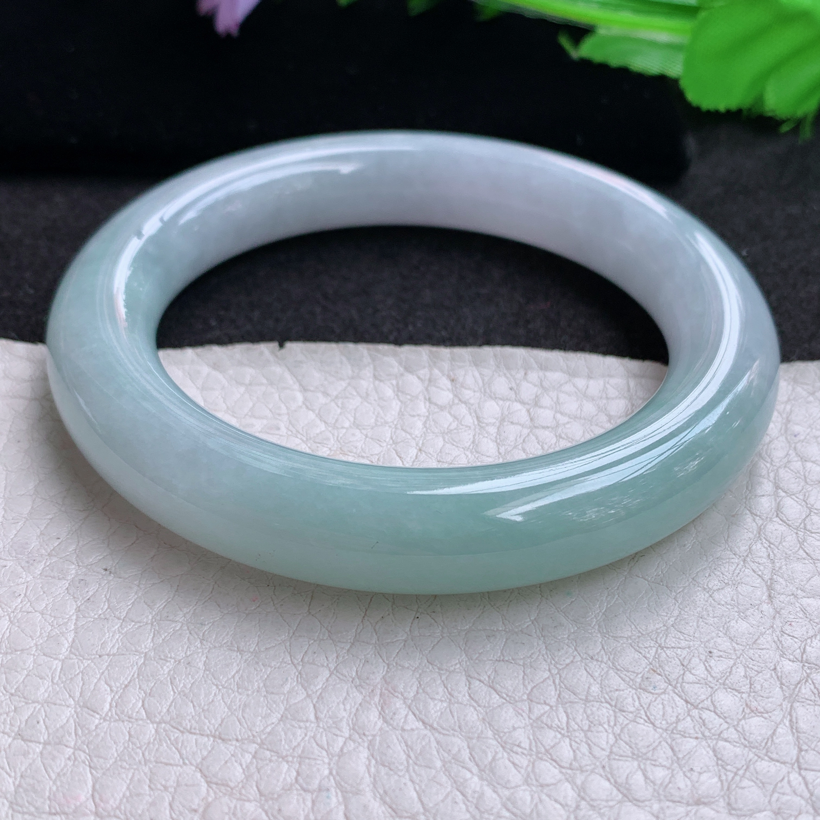 z实拍55*11.2招财镯 天然缅甸翡翠A货玉手镯半山水圆条玉手环