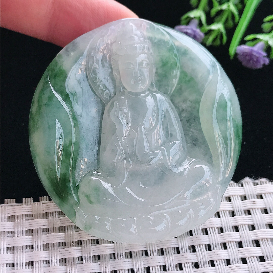 实拍A货翡翠56.3/7.6老坑冰胶果冻飘花素衣观音吊坠翡翠圆牌挂件