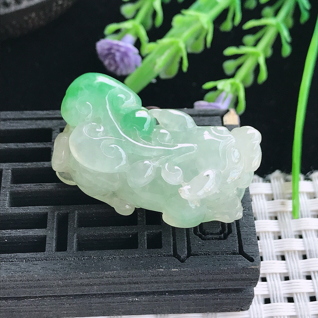 实拍A货翡翠35.5/18.2/13.5老坑冰胶飘阳绿貔貅吊坠翡翠挂件