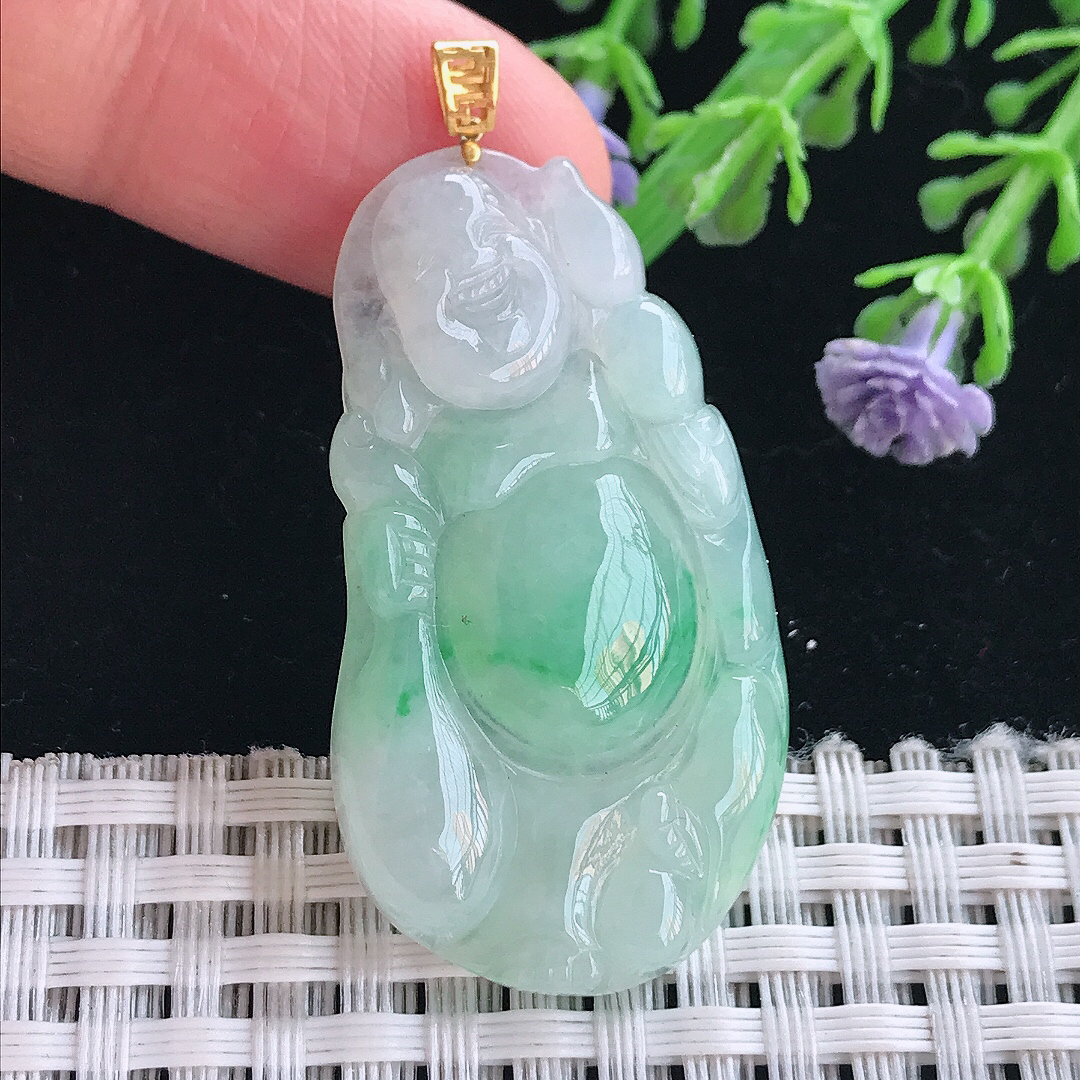 实拍A货翡翠42/23/5.5老坑18k金镶嵌飘绿布袋佛吊坠翡翠玉佛挂件