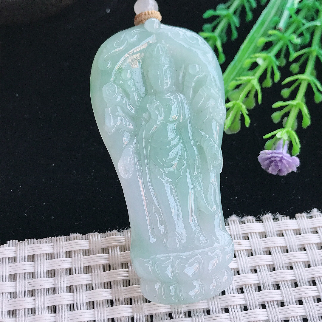 实拍A货翡翠62.5/31/5.5老坑冰胶水灵冰晴千手观音吊坠翡翠挂件