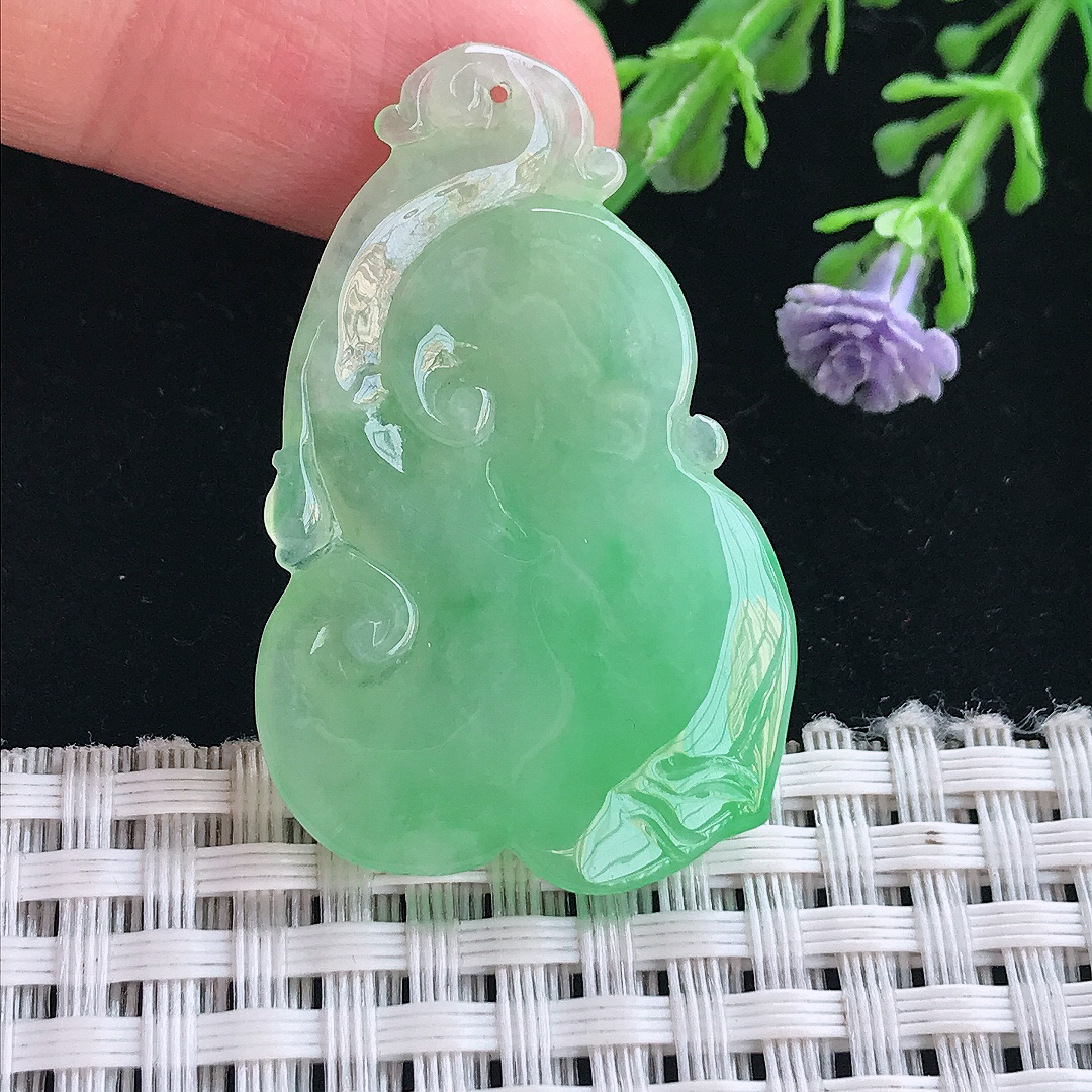 实拍A货翡翠40/26/6.5老坑冰润起胶满绿如意吊坠翡翠挂件