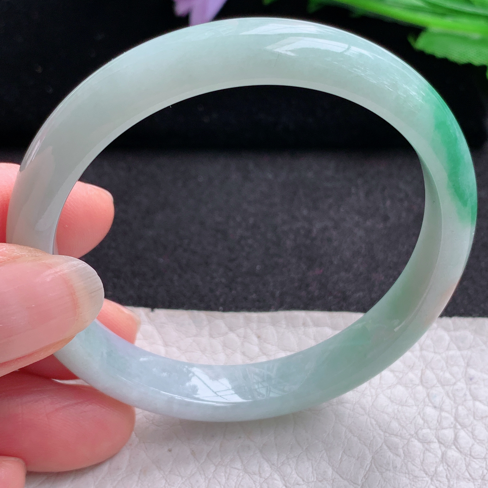 pp小圈口53*10*6.4平安镯 天然缅甸翡翠A货玉手镯秀气三彩宽边玉手环