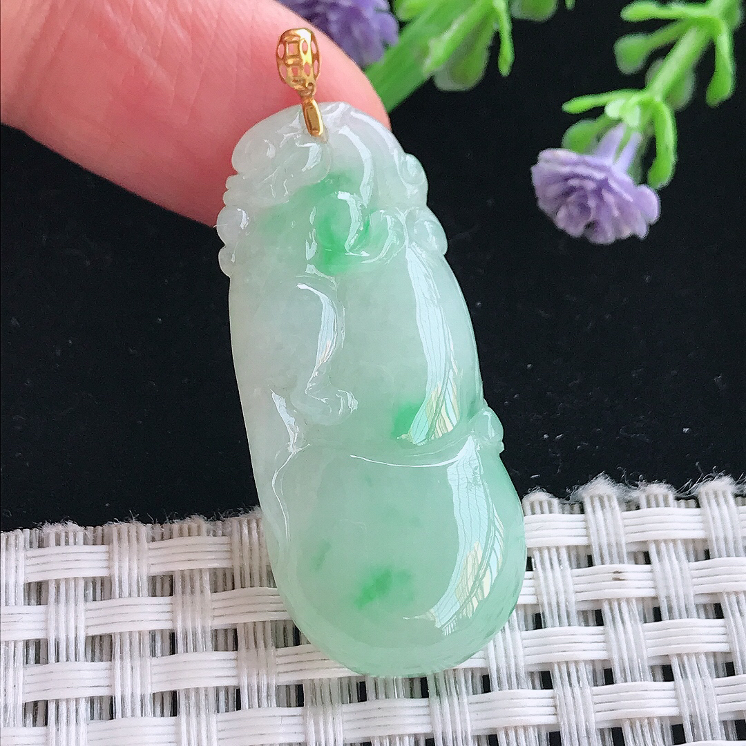 实拍A货翡翠38.5/17.2/5.9老坑18k金镶嵌冰润飘阳绿葫芦吊坠翡翠挂件