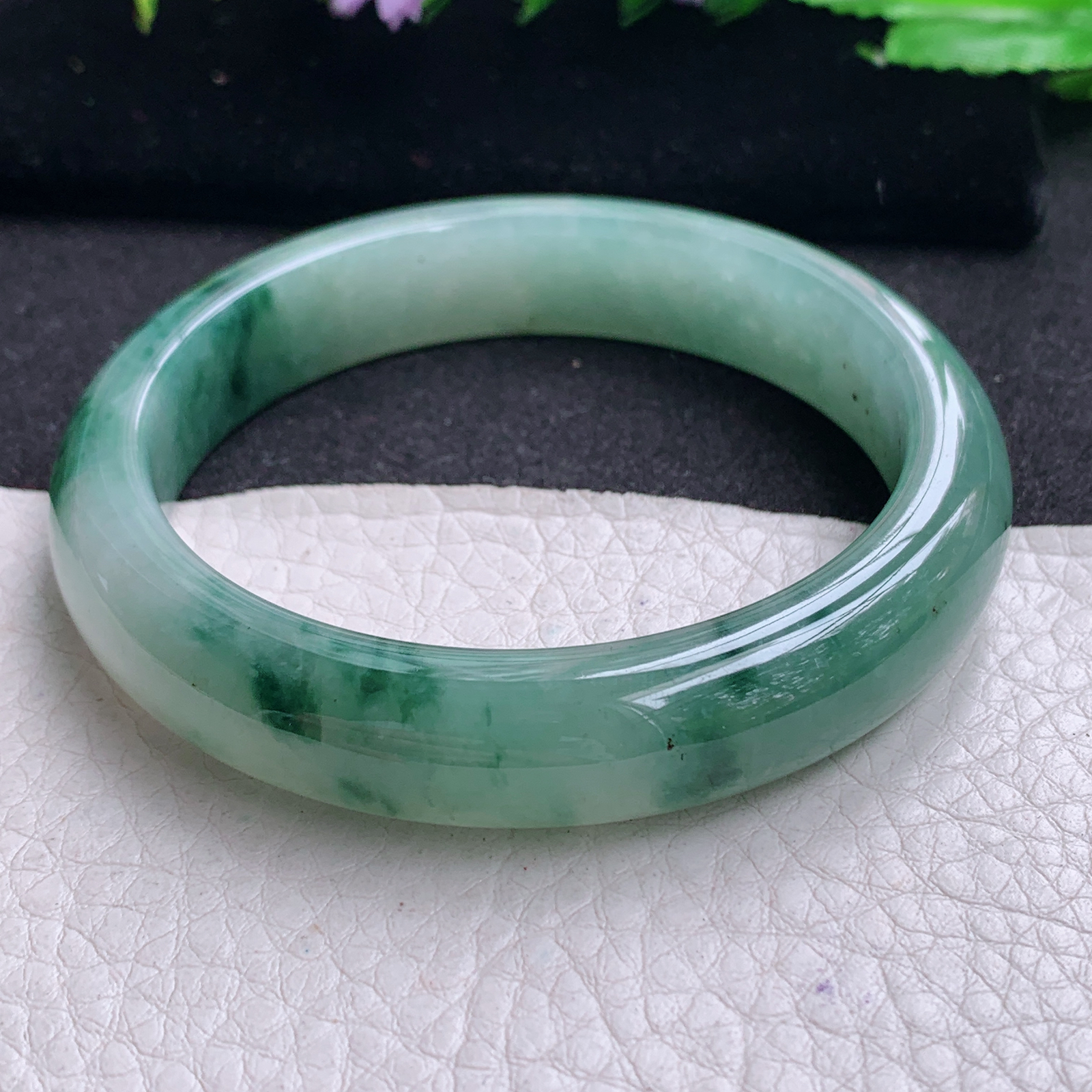 ss实拍57*12*8平安镯 天然缅甸翡翠A货玉手镯胶感飘花宽边玉手环