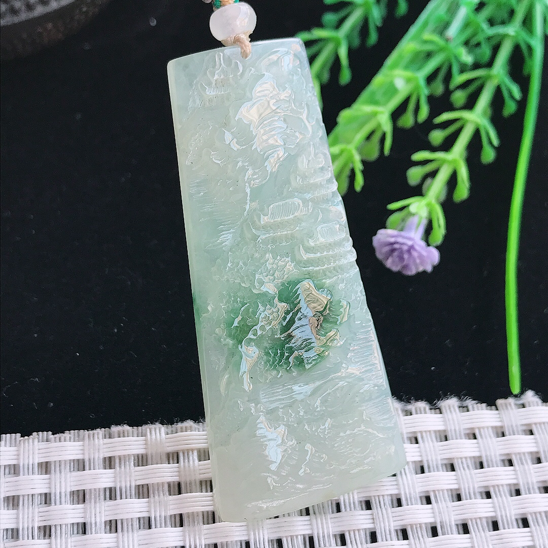实拍A货翡翠59/26/6老坑冰胶飘花山水牌吊坠翡翠挂件