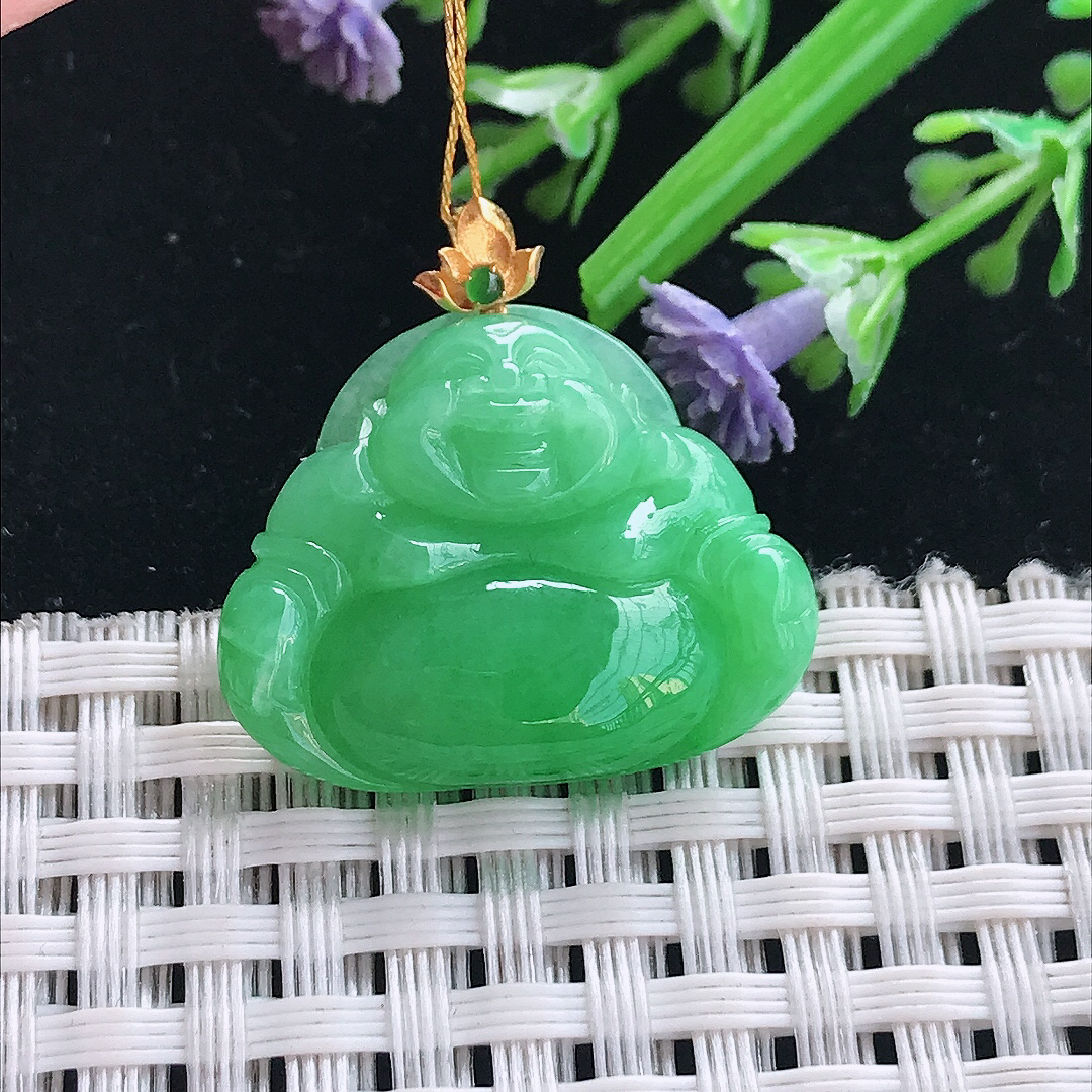 实拍A货翡翠20.8/25.5/6老坑18k金镶嵌满阳绿佛公吊坠翡翠挂件
