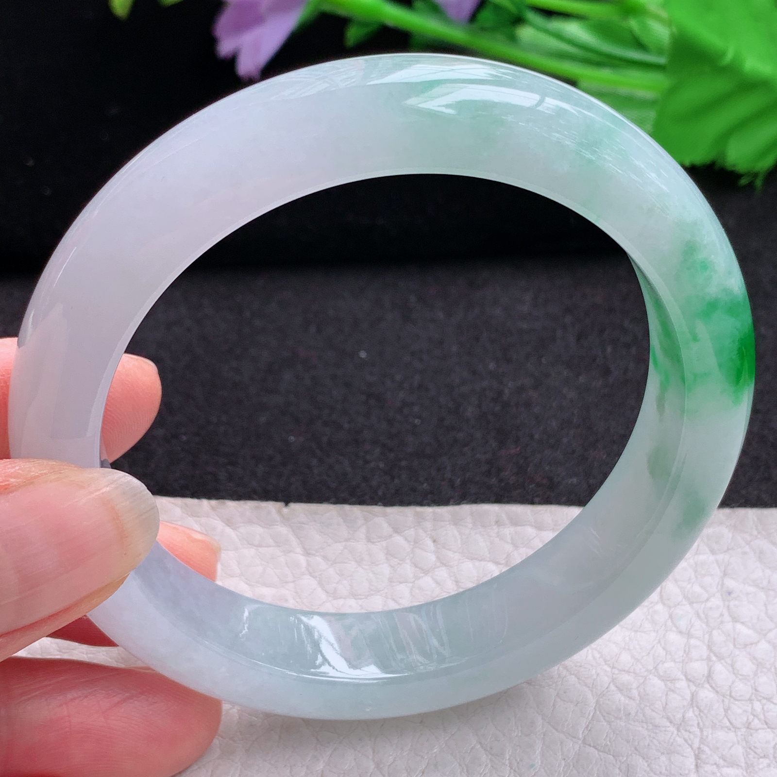 xo实拍58*12.5*8.8平安镯 天然缅甸翡翠A货玉手镯冰润白底青宽边玉手环