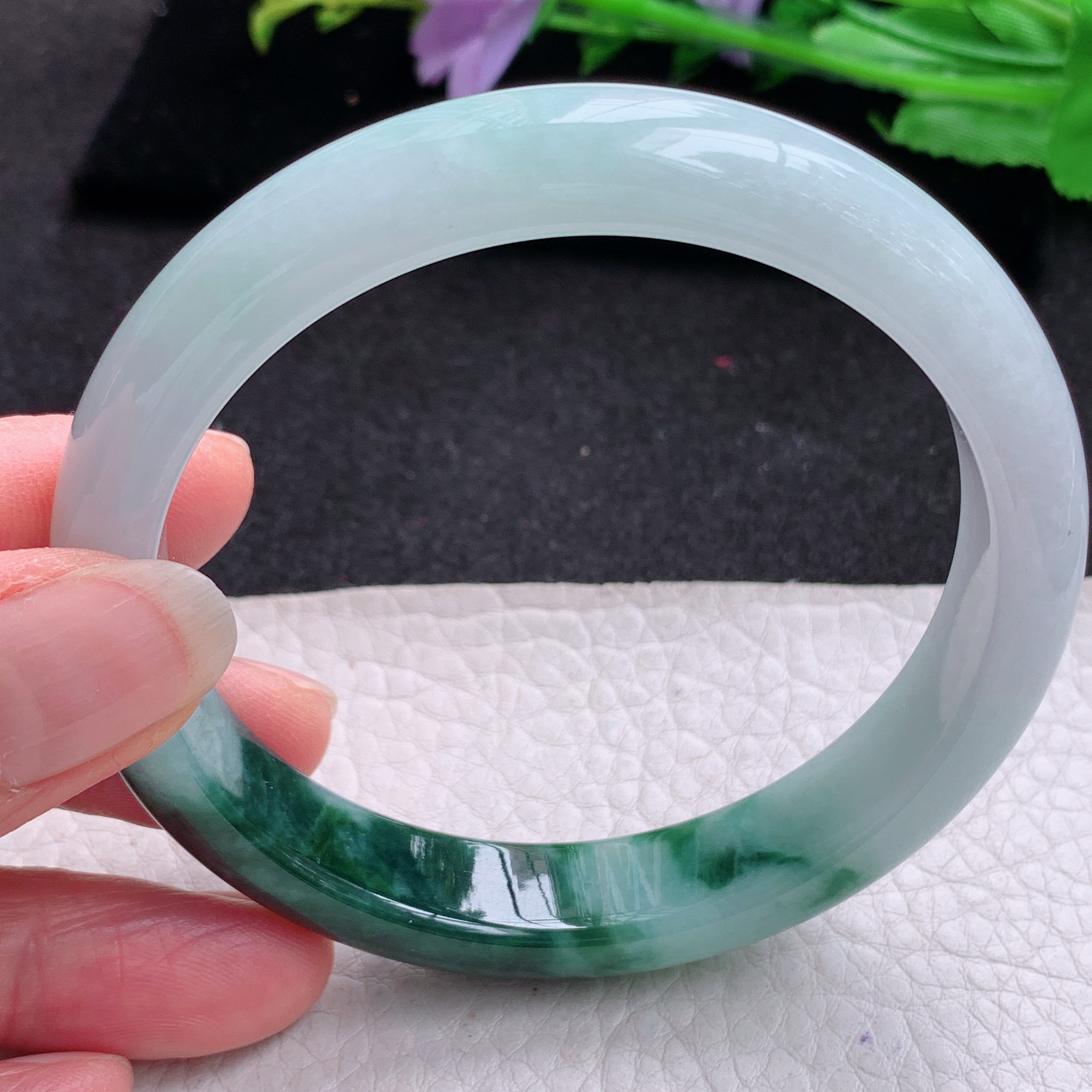 js大圈口60*12*7.8招财镯 天然缅甸翡翠A货玉手镯飘花半山半水宽边玉手环