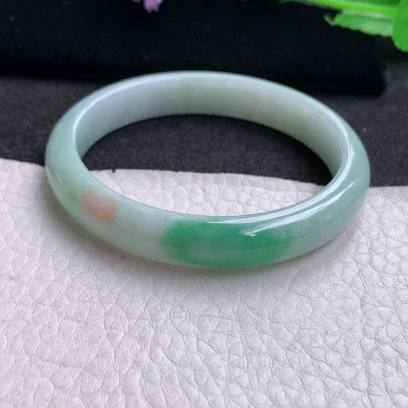 pp小圈口53*10*6.4平安镯 天然缅甸翡翠A货玉手镯秀气三彩宽边玉手环