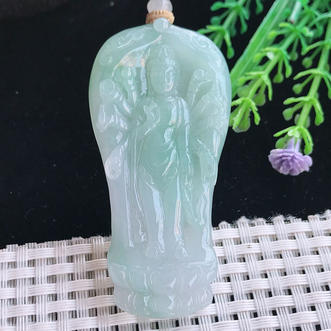 实拍A货翡翠62.5/31/5.5老坑冰胶水灵冰晴千手观音吊坠翡翠挂件
