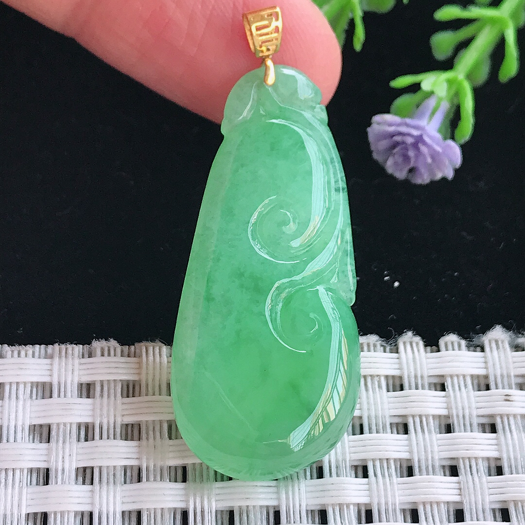 实拍A货翡翠37.6/17.5/5.6老坑18k金镶嵌满绿如意吊坠翡翠挂件