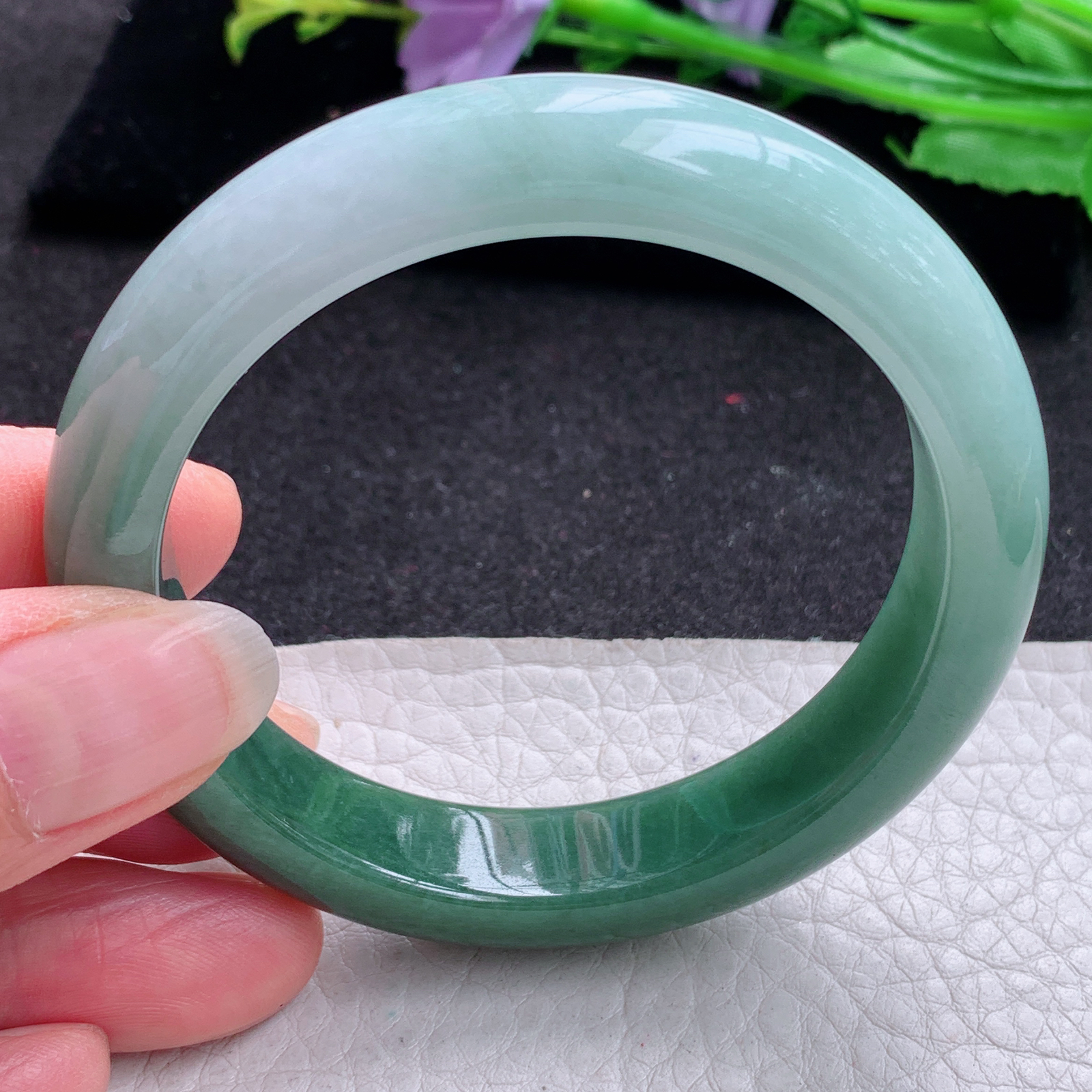 js实拍54*12*8.3招财镯 天然缅甸翡翠A货玉手镯胶感半山半水宽边玉手环